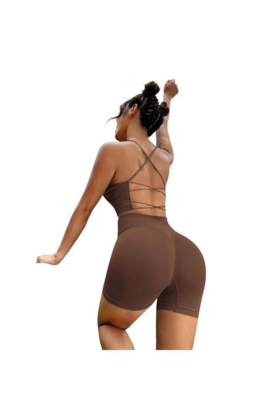 OEM 2 Piece Fitness Set, Backless Top, Push Up Leggings, Brown