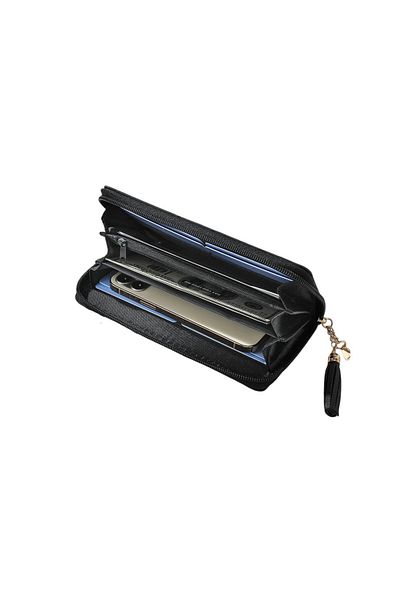 OEM Long wallet for women, PU leather, minimalist design with geometric pattern and zipper - Black