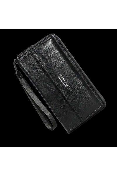 OEM Men's long double leather wallet with buckle and zipper - Black