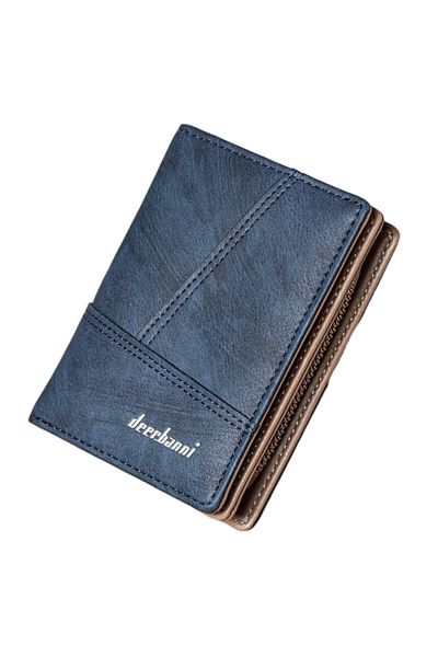 OEM Men's Leather Wallet, Double Bifold with Zipper, Decorative Stitching - Blue