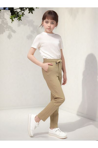 Asortix Girls' Gabardine Elastic Waist Standard Leg Comfortable School Trousers