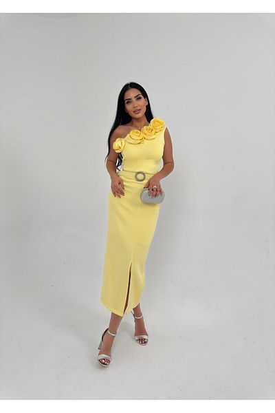 asyadabutik Women's Rose Detailed and Belted Imported Scuba Crepe Fabric Dress