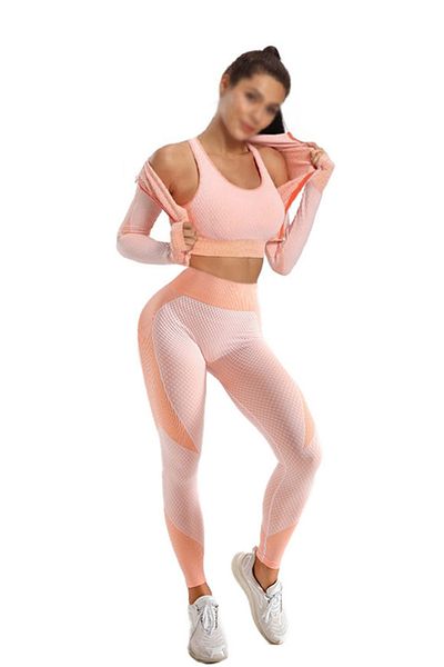 OEM 3 Piece Fitness Set - Leggings, Bustier, Long Sleeve Zipper Top, Pink with Orange