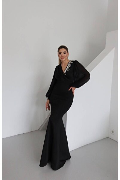 Monchoix فستان سهرة نسائي بطول كامل مع تفاصيل لامعة وأكمام متقاطعة على الصدر ...