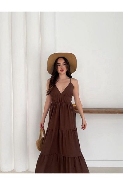 OTAKU Rochie de vară din in, cu bretele subțiri, cu decolteu în V