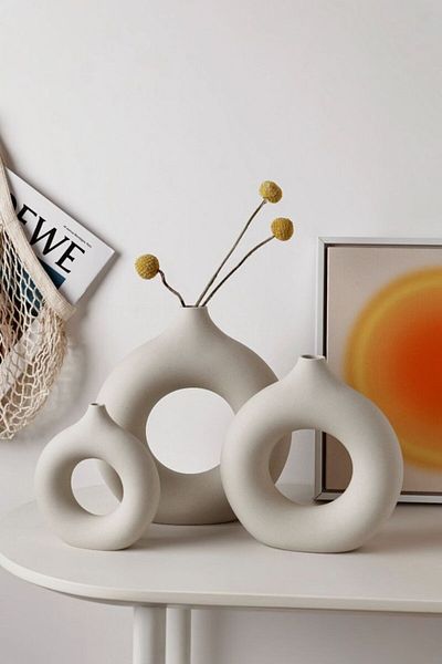 Zigzag Home Decorative 3 Piece Ring Vase Set, White Color Bohemian Style Bagel Vase 3 Pcs Home Decoration