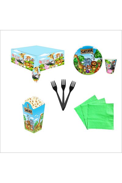 ZENVİVA Safari 8 Plates, 8 Cups, 10 Napkins, 10 Forks, Tablecloth, 8 Corn Boxes
