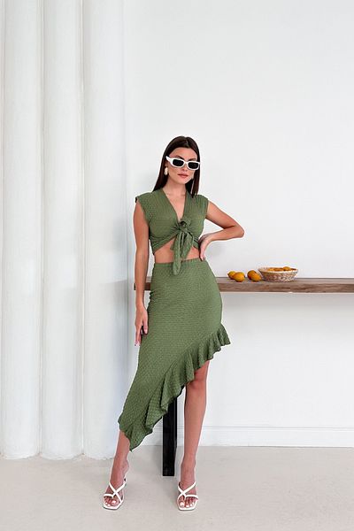 MOZENA Seersucker Fabric Front Tie Detail Skirt and Crop Set