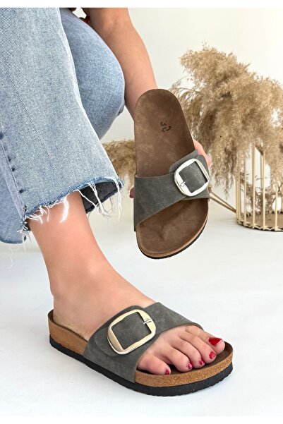 alfaze Belted Slippers Nubuck Green Heel Height 2.5 cm