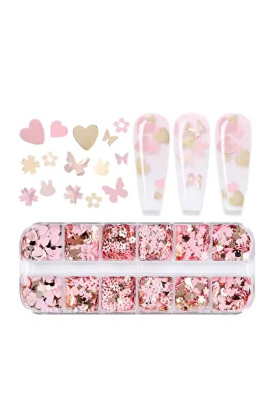 aba nails Pembe ve Gold Tırnak Süsleme Folyo Pulları Karışık Dizayn Kelebek K...