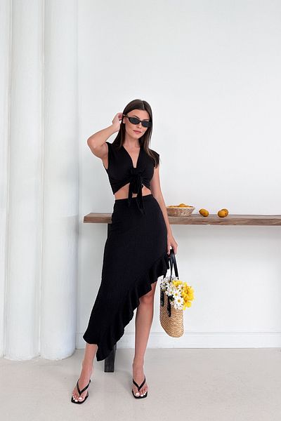 MOZENA Seersucker Fabric Front Tie Detail Skirt and Crop Set