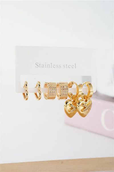 By Zeyna Aksesuar Women's Vip Series Baguette Zircon Stone Heart Model Clip-On Set of 6 Earrings