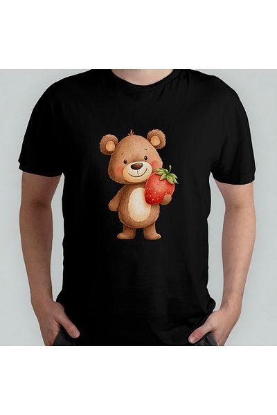 Pixxa Cute Bear and Strawberry Unisex 100% Cotton Crew Neck T-Shirt