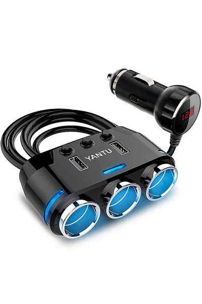 OEM Car cigarette lighter socket multiplier adapter with 3 outlets, Voltmeter - Black