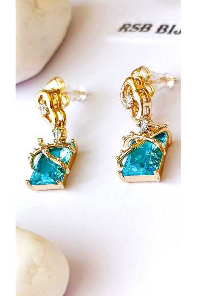 RSB Bijuteri Küpe Sallantılı Altın Kaplama Zirkon Taş 316 L Çelik + Hediye Paket