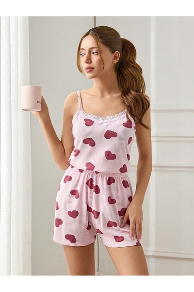 FORVENS Women's Lace Detailed Shorts Pajama Set