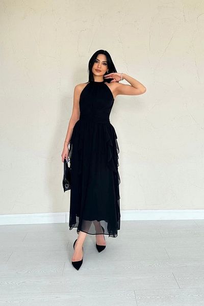 POLEXP Black Ruffled Dress with Shirred Front