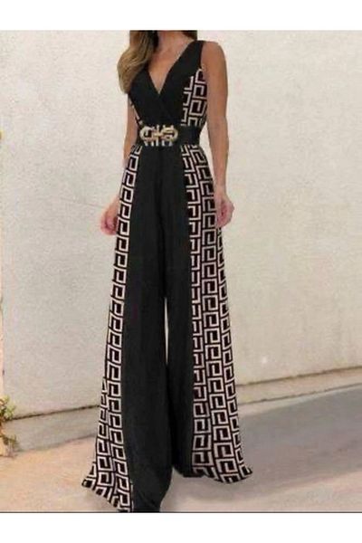 Cbm Women's Low-Cut Buckle Detail Digital Printed Jumpsuit