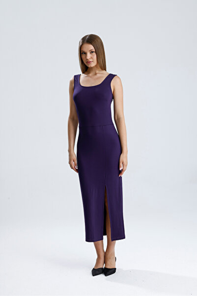 Sense Sleeveless Square Necklace Knitted Viscosse Dress |   Elb36253 Purple