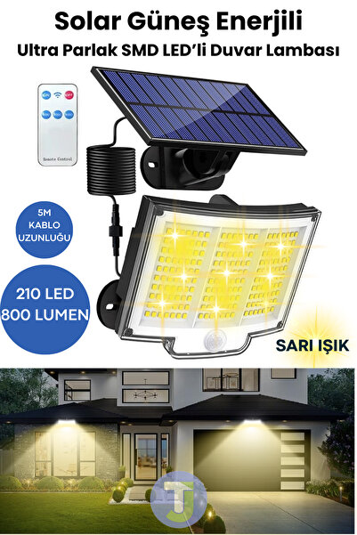 Technojet 220 LED Solar Duvar Lambası – 5mt Kablo, Kumandalı, 3 Modlu, IP65 B...