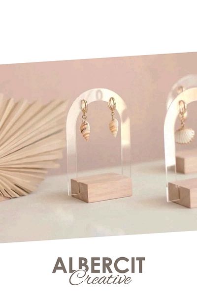 ZarDünya 3-Piece Arched Earring Stand, Acrylic and Wooden Stand, Plexiglass Organizer, Acrylic Jewelry Stand