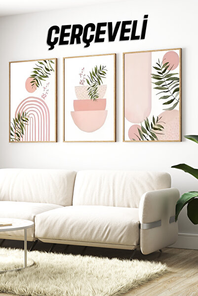 kutuTR 🌿 Soft Pembe ve Yeşil Yapraklar Temalı 3’lü Ahşap Çerçeveli Tablo Set...