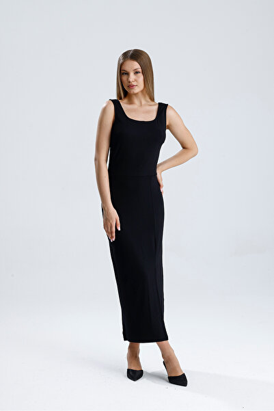 Sense Sleeveless Square Necklace Knitted Viscosse Dress |   Elb36253 Black