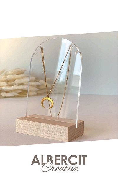 ZarDünya Plexi Necklace Hanger Oval Form Set of 3, Acrylic and Wooden Stand, Acrylic Jewelry Organizer