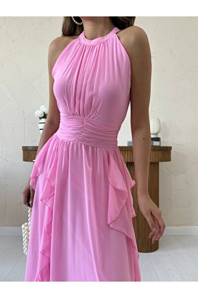 Genel Markalar Drapeli Şifon Volanlı Halter Yaka Midi Elbise