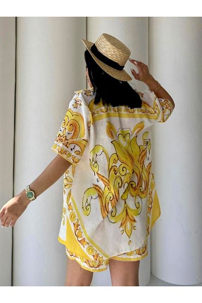 HandCo Linen Patterned Shirt Shorts Summer Double Set |   Comfortable and Spacious Mediterranean Combination