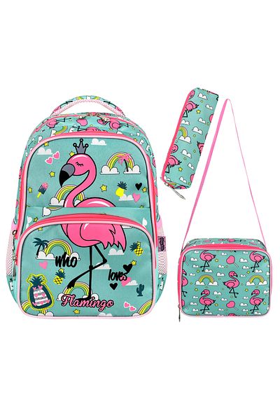 QL ACCESSORY Flamingo Printed Licensed Set of 3 Primary School Bags Thermal Bag Set with Nutrition and Pen Holder