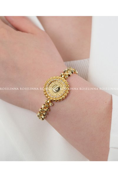 ROSELİNNA Gold Drawstring Adjustable Quarter Bracelet Model, Dorika Beaded Quarter Frame Bracelet