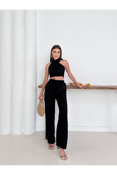 Belle Perre Women's Linen Blouse Lace-Up Trousers Double Suit