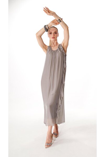 shE tekstil İtalyan Sıfır Kol İpek Elbise Gümüş