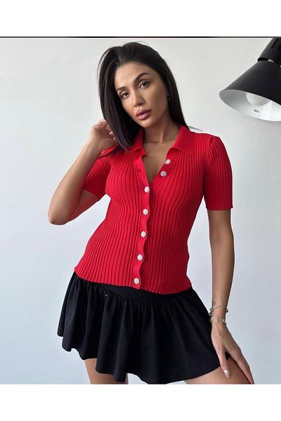 Nura Francy Women's Twill Knitted Half Sleeve Button Stone Detail Bluz Cardigan
