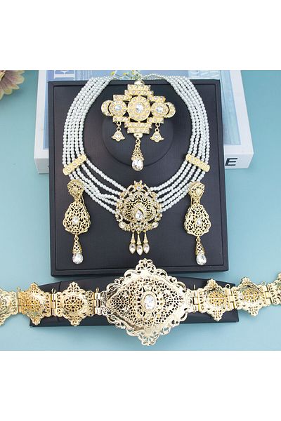 Choice 986220607setWHITE Sunspicems Gold Color Morocco Caftan Belt Waist Chain Women Beads Chain Choker Nec