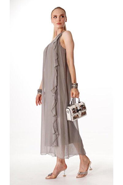 shE tekstil İtalyan Sıfır Kol İpek Elbise Gümüş