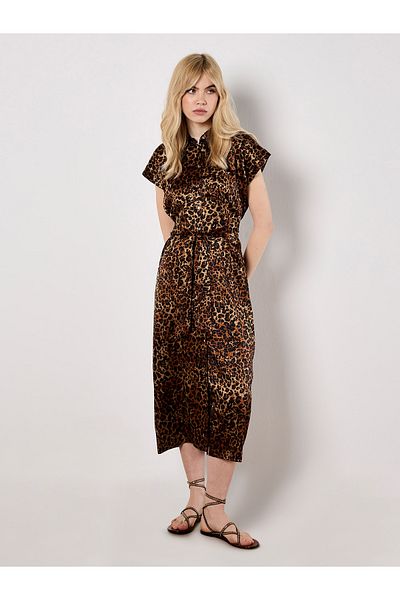 Apricot Midikleid Aus Satin Mit Leopardenmuster
