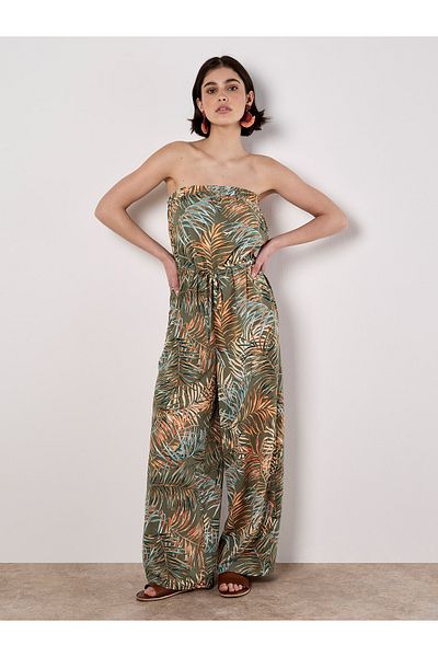 Apricot Jumpsuit Mit Weitem Bein Und Blattmuster