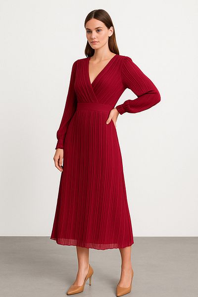 Noi Belis Red Pleated Lined Chiffon Dress Ss25El0050