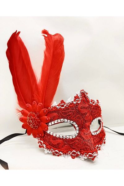 PRATİKOBA Red Color Feather Lace Eyes Prom Party Mask with Stones