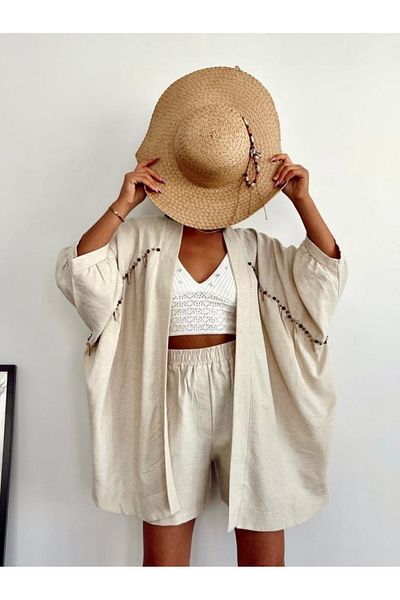 HandCo Women's Beige Kimono Shorts Set |   Comfortable Stylish Summer Combination