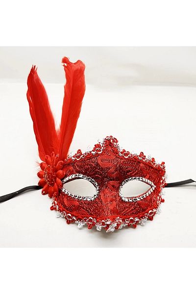 PRATİKOBA Red Color Feather Lace Eyes Prom Party Mask with Stones
