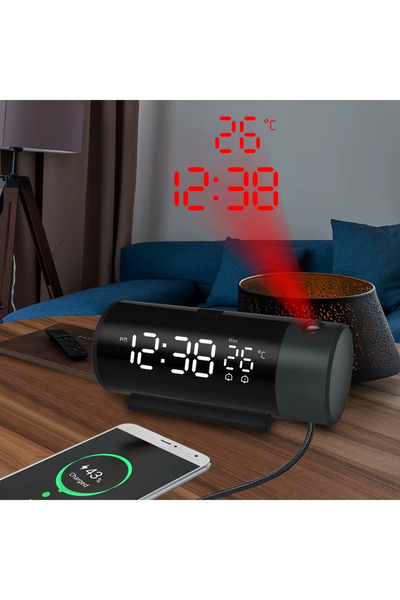 SHIPMENT 180 Dönebilen Projeksiyonlu Dijital Saat Şarj Bağlantısı LED Ekran Ç...