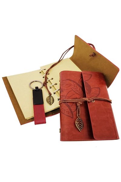PRATİKOBA Coffee Leather Notebook and Keychain Set with Special Wooden Box