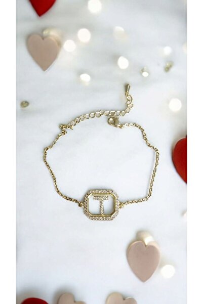 AKSESUARIM Women's Zircon Stone Square Steel Letter Bracelet