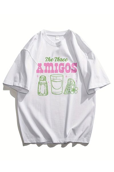Fuddy Moda Unisex μπλουζάκι με στάμπα με αλάτι τεκίλα, μπλουζάκι με στάμπα The Three Amigos Oversize