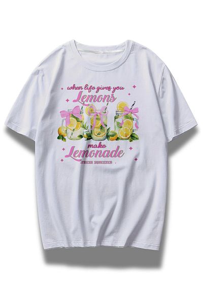 Fuddy Moda Unisex Lemonade Written T-shirt, Oversize μπλουζάκι με στάμπα με κορδέλα