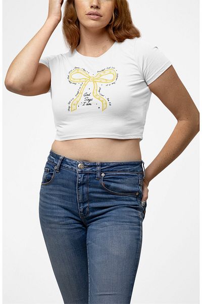 Fuddy Moda God Says I Am Printed Crop Top, Women's Yellow Ribbon Themed Crop Blouse