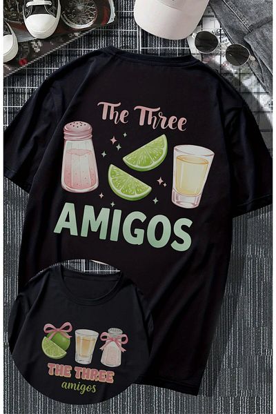 Fuddy Moda Oversize The Three Amigos μπλουζάκι με στάμπα στην πλάτη, μπλουζάκι με θέμα την Unisex Tequila Crew Neck